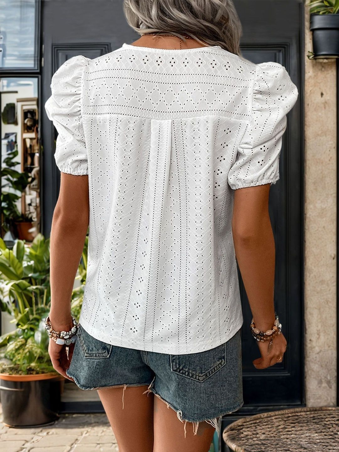Embroidered Puff Sleeve Cotton Top