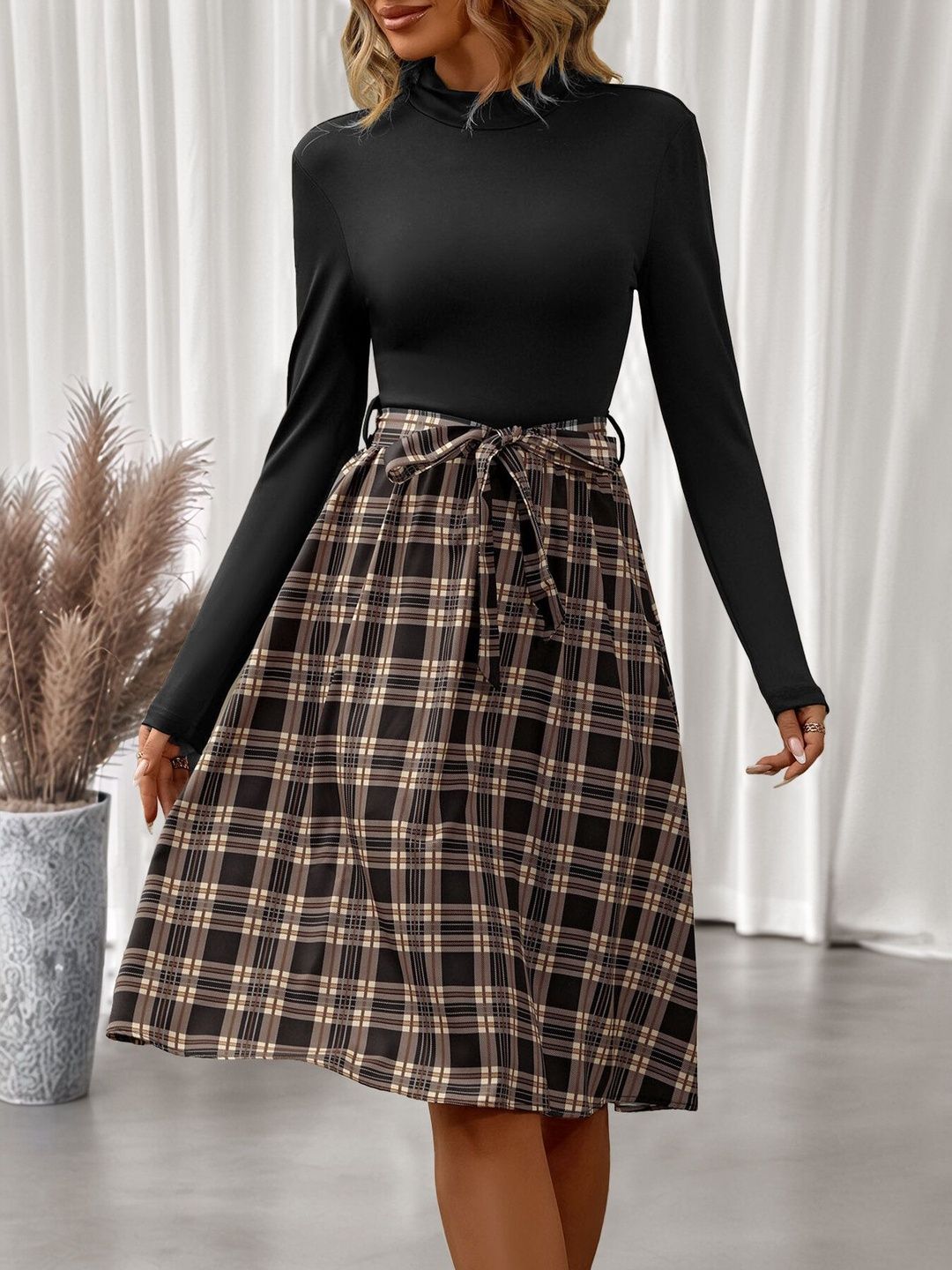 Women's Black Checked Fit & Flare Midi Dress