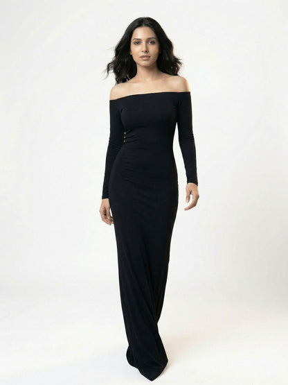Off-Shoulder Bodycon Maxi Dress in Black cotton - Nowi Korean Fashion
