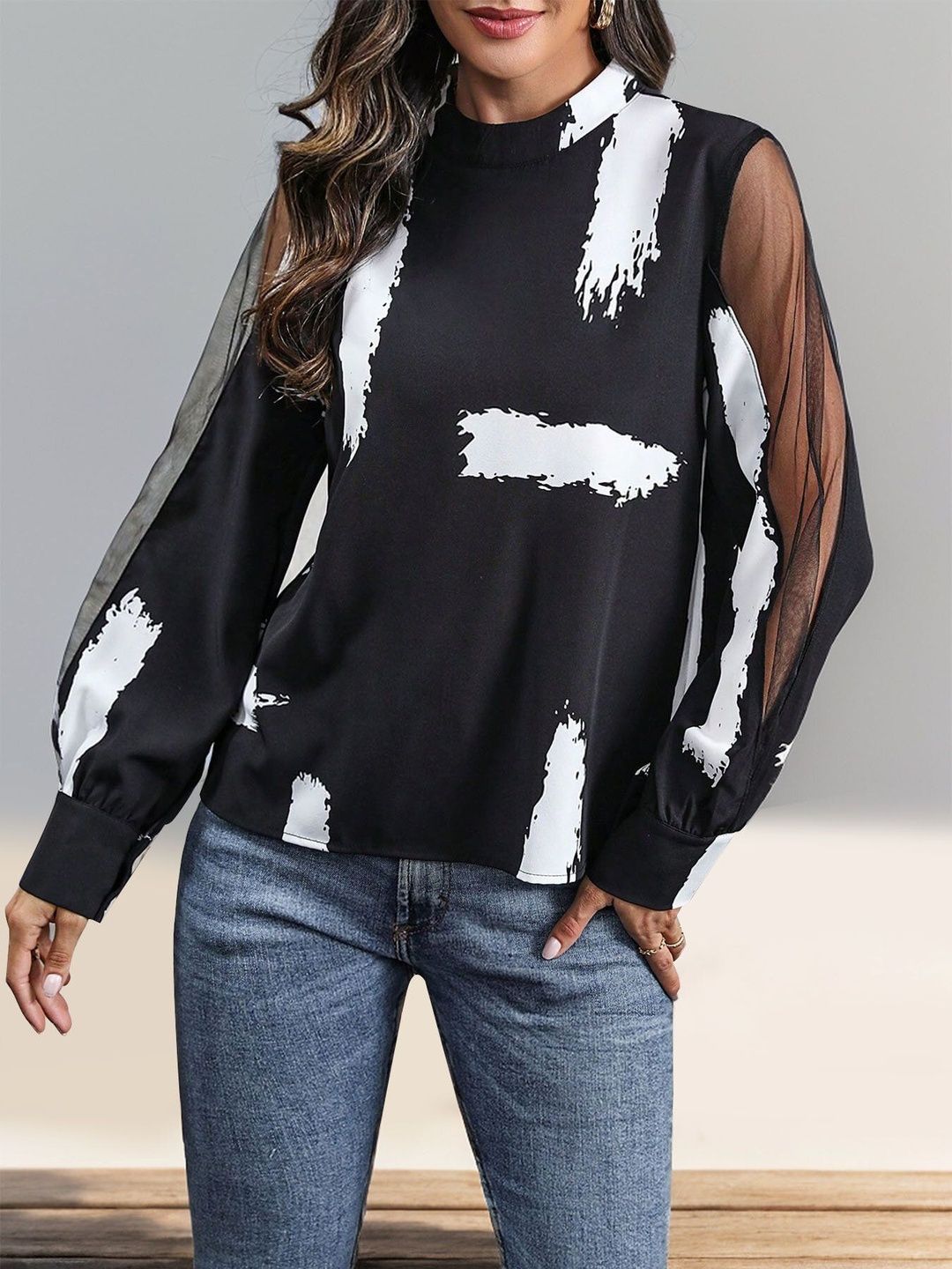 Women's Black Print Cold-Shoulder Top