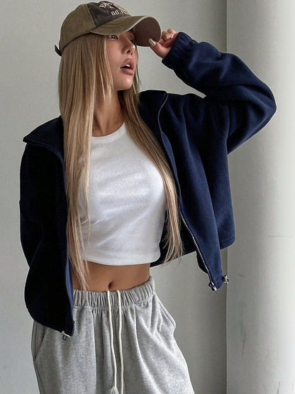 Fleece Lightweight Crop Sporty Jacket in Blue - Nowi Korean Fashion