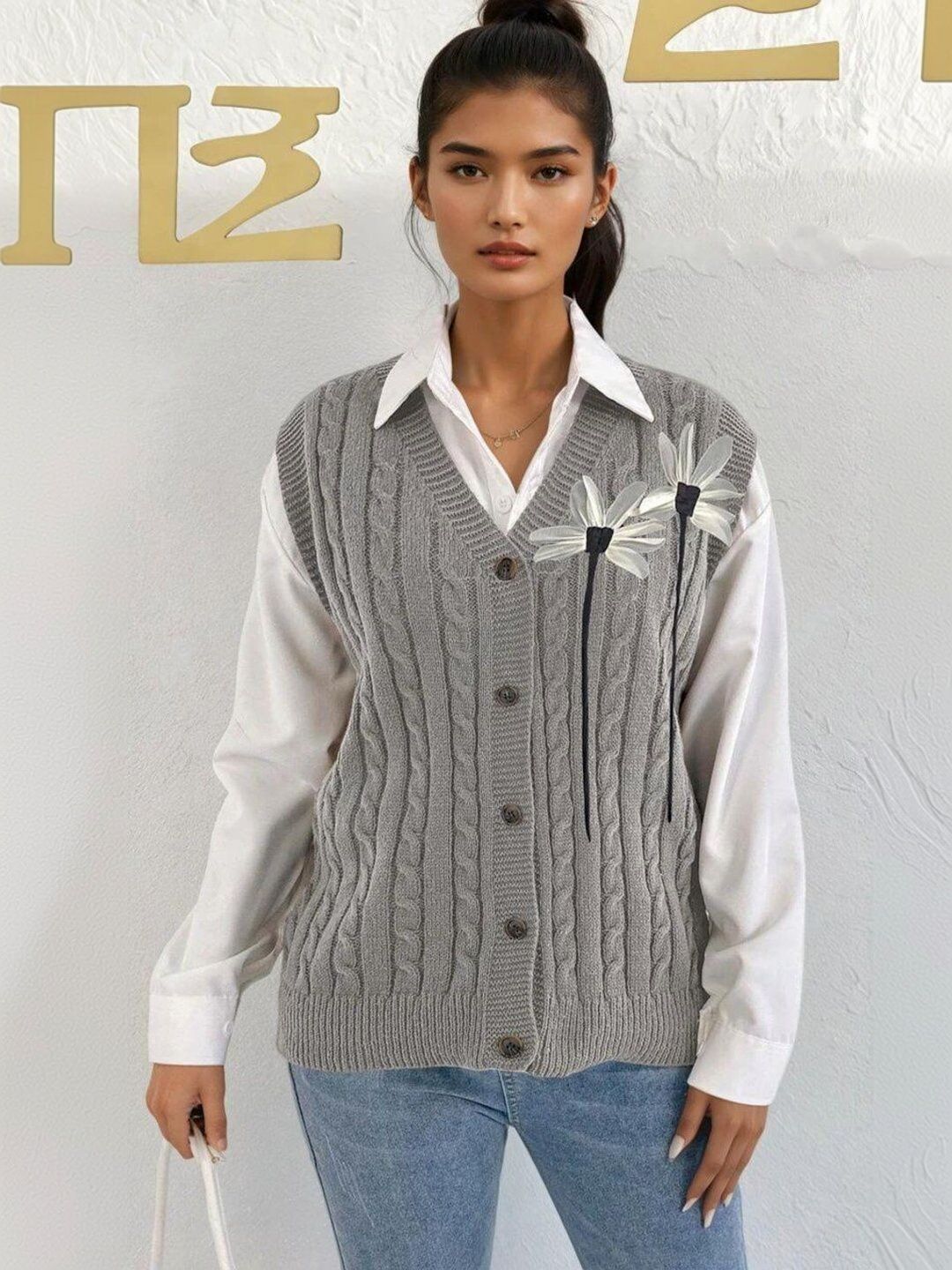 Cable Knit Sweater Vest with Applique Detail in Grey acrylic - Nowi Korean Fashion