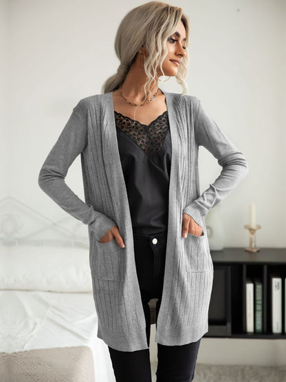 Women's Grey Ribbed Cardigan Blend Printed Regular Fit