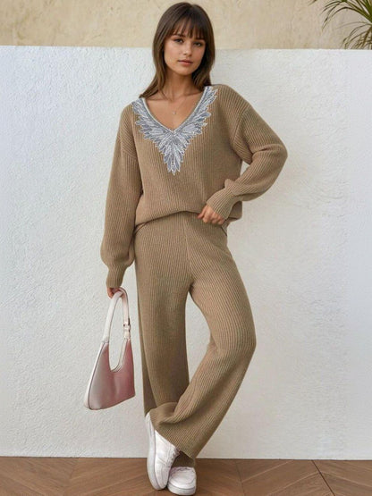 Knitted Embellished Sweater with Palazzos in Brown - Nowi Korean Fashion