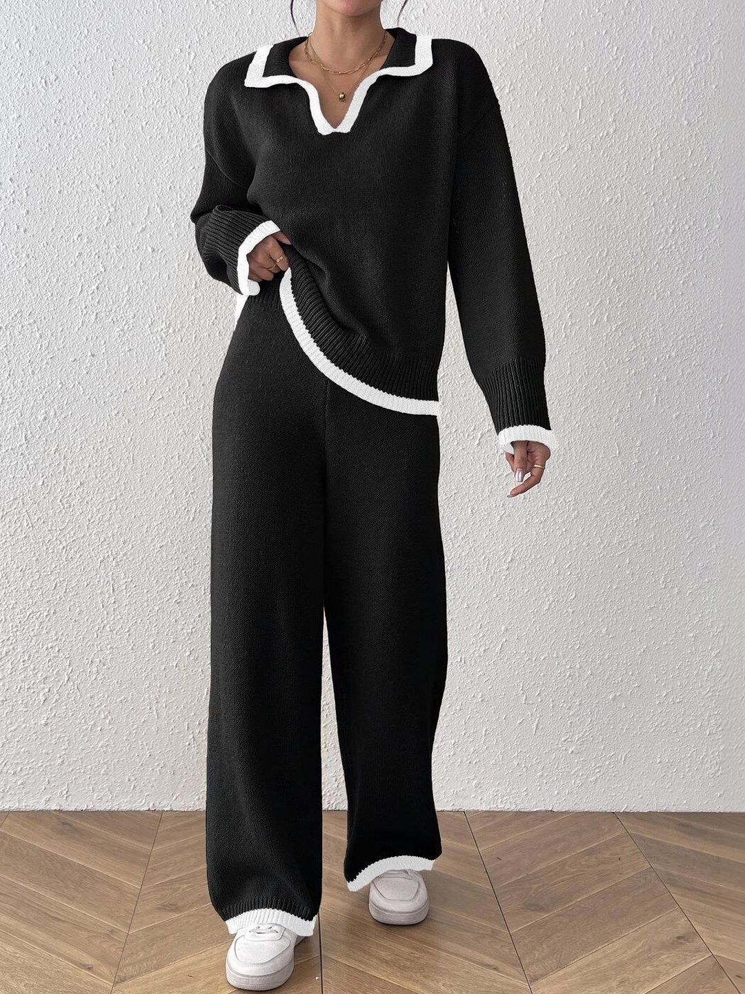 Knitted Solid Sweater with Palazzos