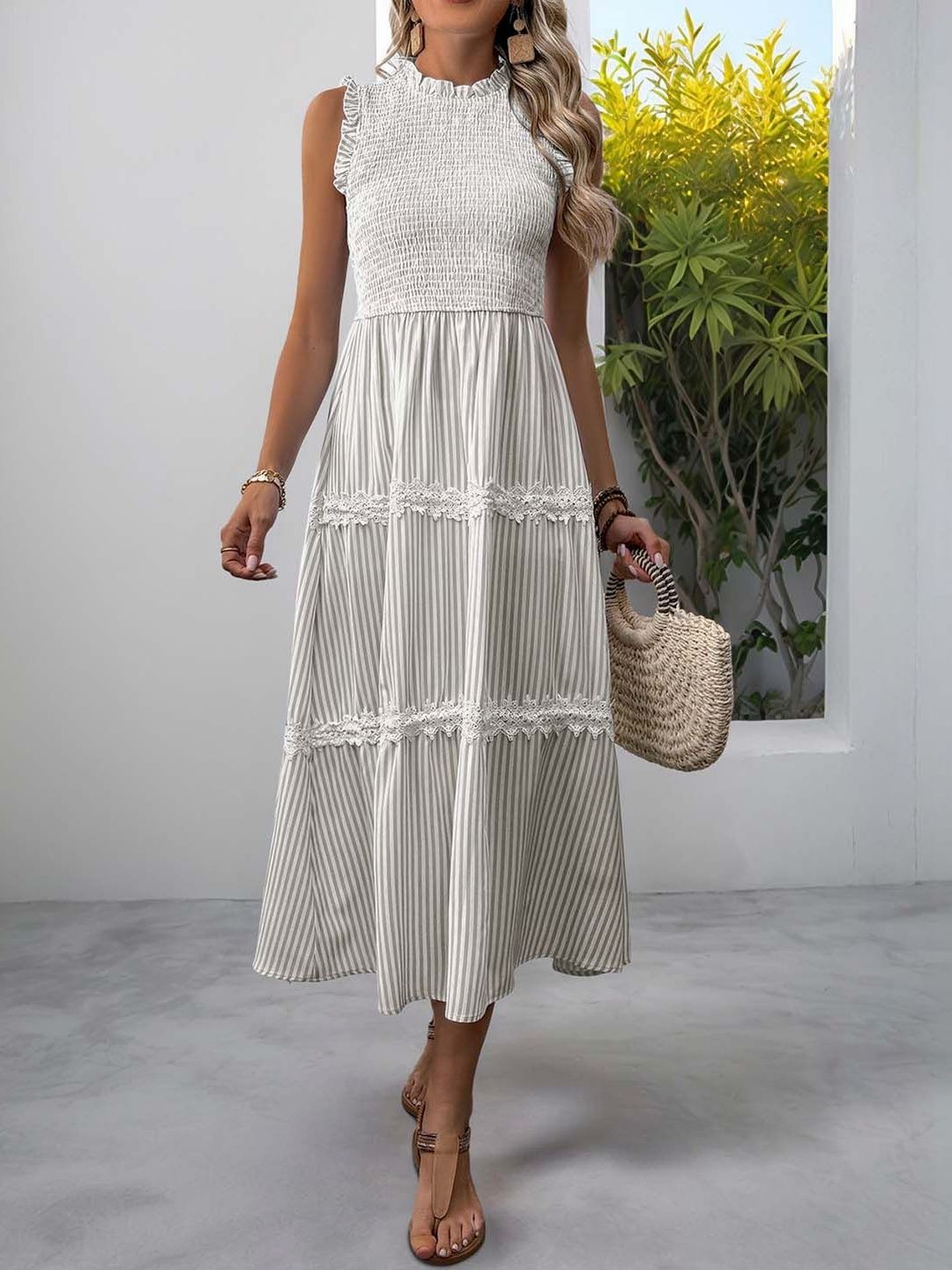 Striped A-Line Midi Dress