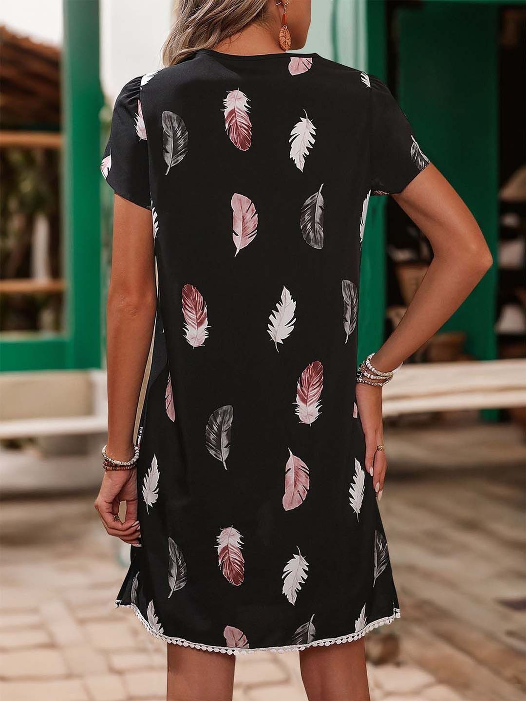 Black Bohemian Feather Print Tie-Up Neck Dress