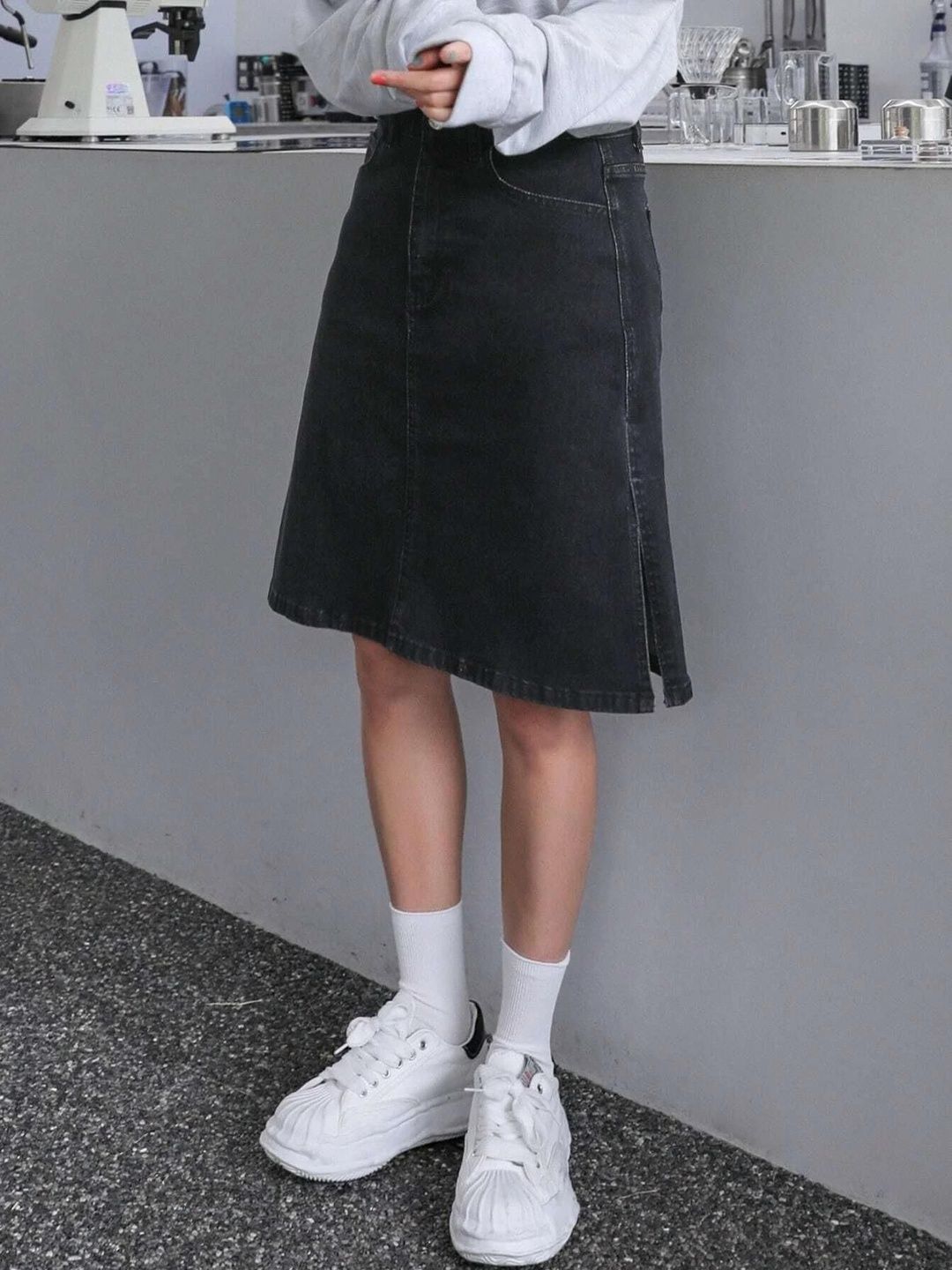 NOWI Women Charcoal Black Knee Length A-Line Skirt