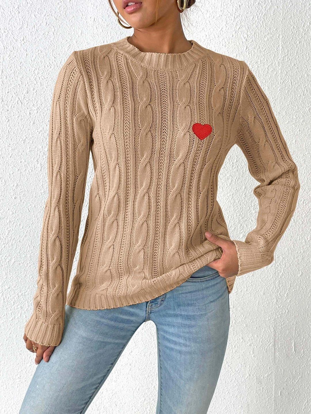 Women Cable Knit Pullover with Embroidered Detail