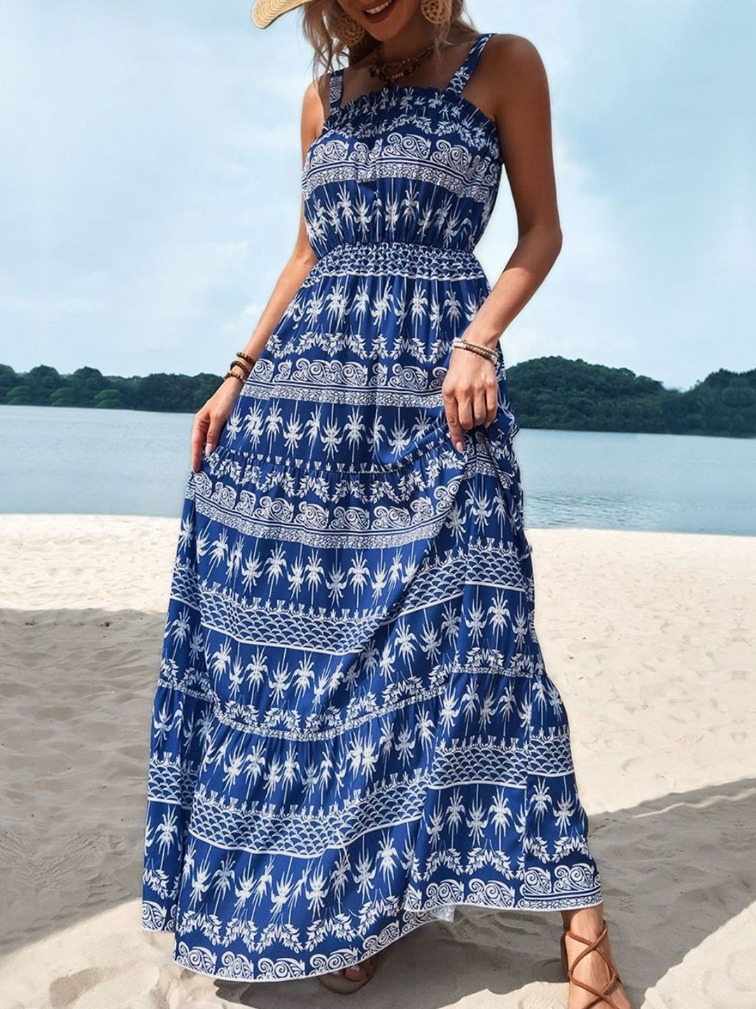 Blue Tropical Graphic Maxi Dress cotton Printed - Nowi Korean Fashion