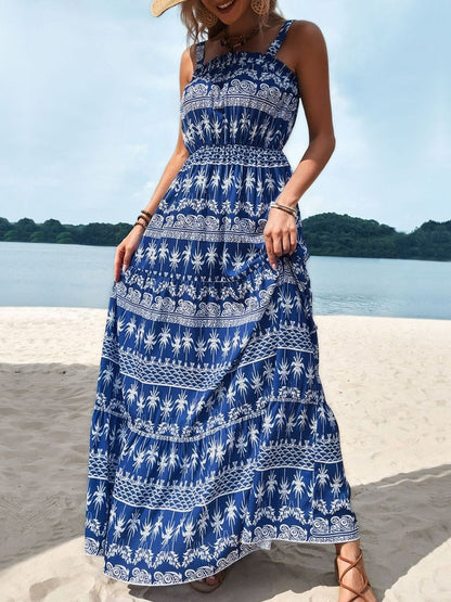 Blue Tropical Graphic Maxi Dress cotton Printed - Nowi Korean Fashion
