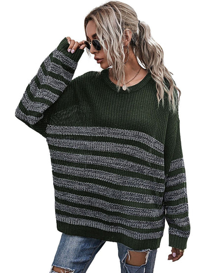 Striped Pullover in Green Style 420 - Nowi Korean Fashion