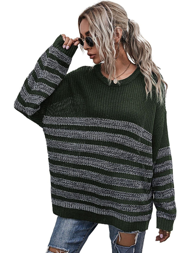 Striped Pullover in Green Style 420 - Nowi Korean Fashion