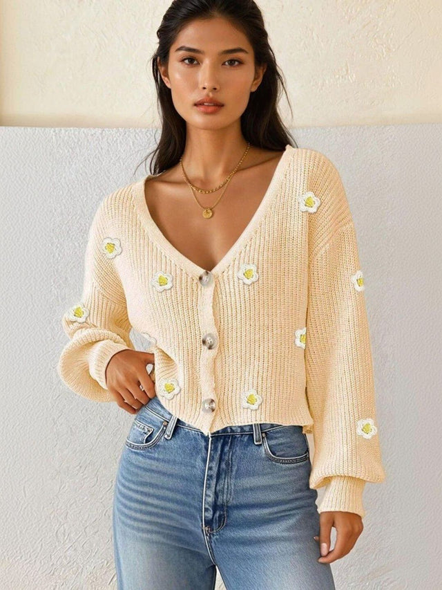 Floral Crop Cardigan with Applique Detail in Beige acrylic - Nowi Korean Fashion