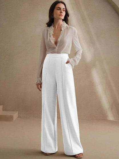 Wrinkle Free Trousers in White polyester - Nowi Korean Fashion