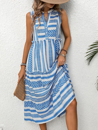 White Tribal Print Sleeveless Midi Dress