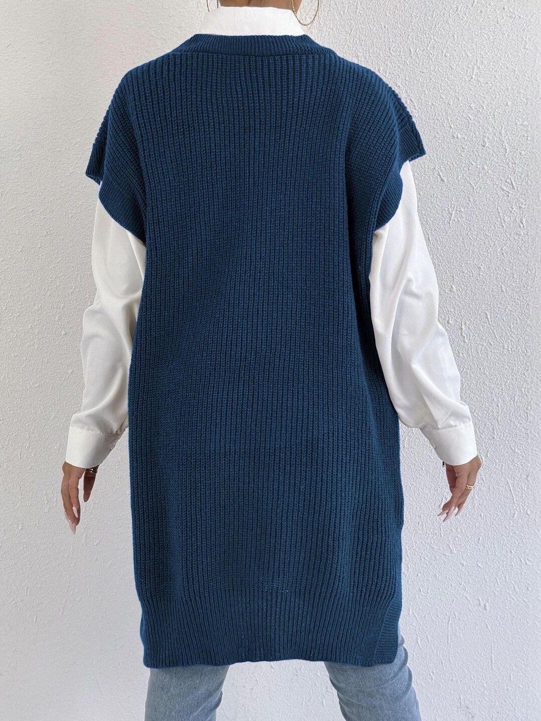 Women Ribbed Longline Sweater Vest with Applique Detail