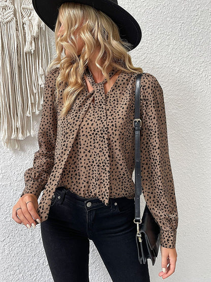 Women's Brown Animal Print Tie-Up Neck Top