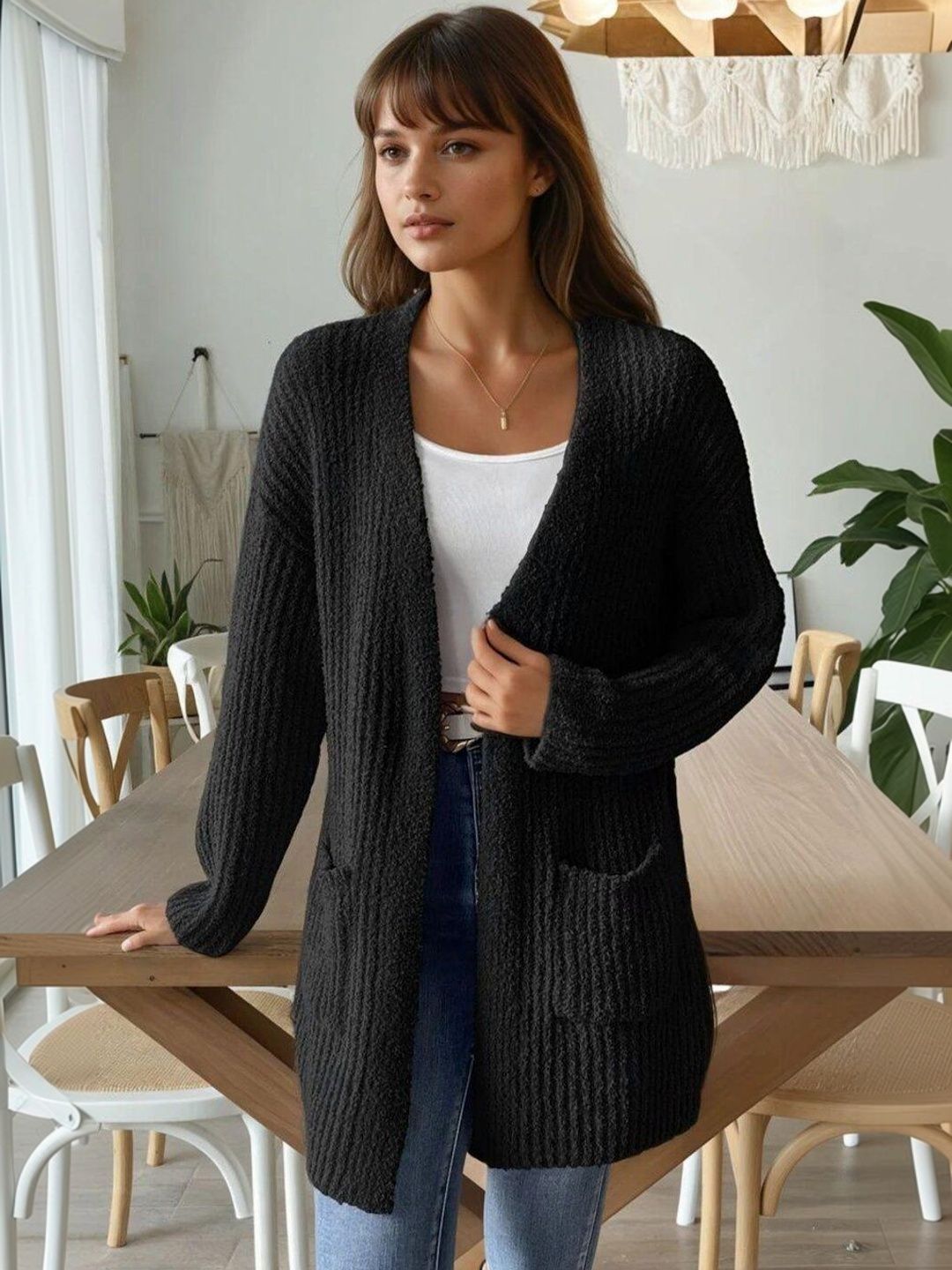 Ribbed Cardigan with Fuzzy Detail in Black acrylic - Nowi Korean Fashion