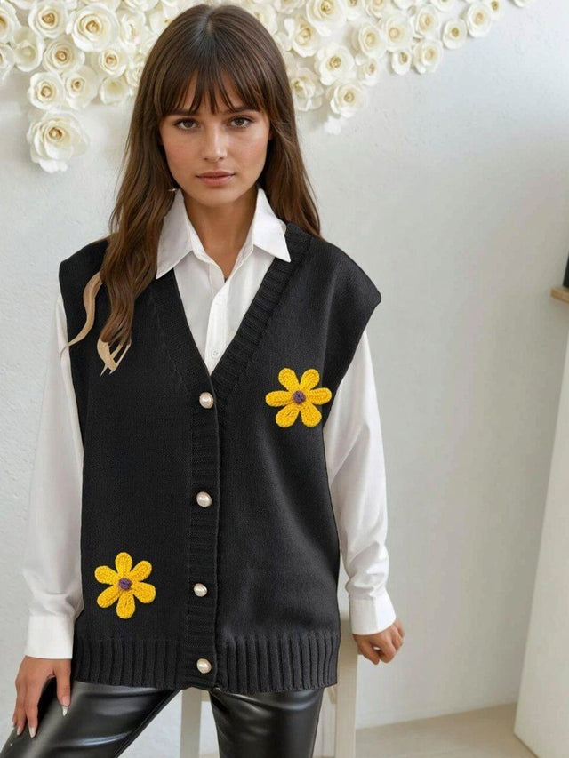 Embroidered Sweater Vest with Embroidered Detail in Black acrylic - Nowi Korean Fashion