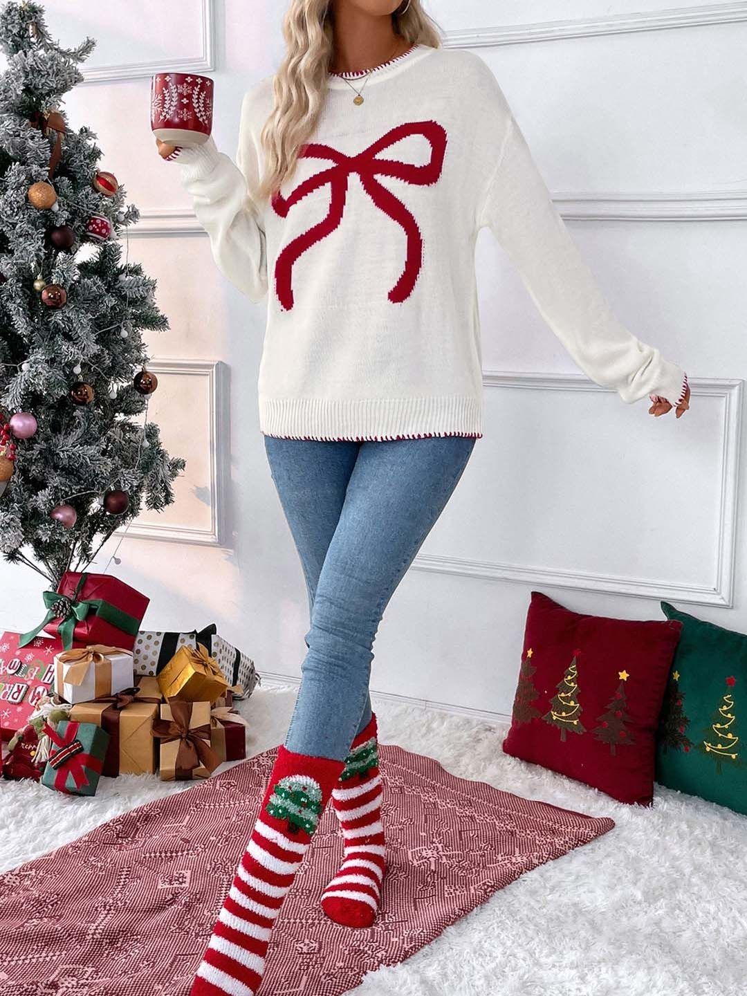 Round Neck Printed Pullover in White - Nowi Korean Fashion