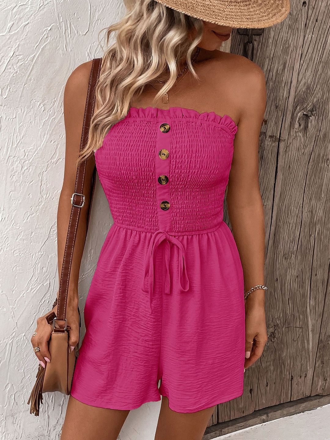 Strapless with Ruffles Jumpsuit in Pink cotton - Nowi Korean Fashion