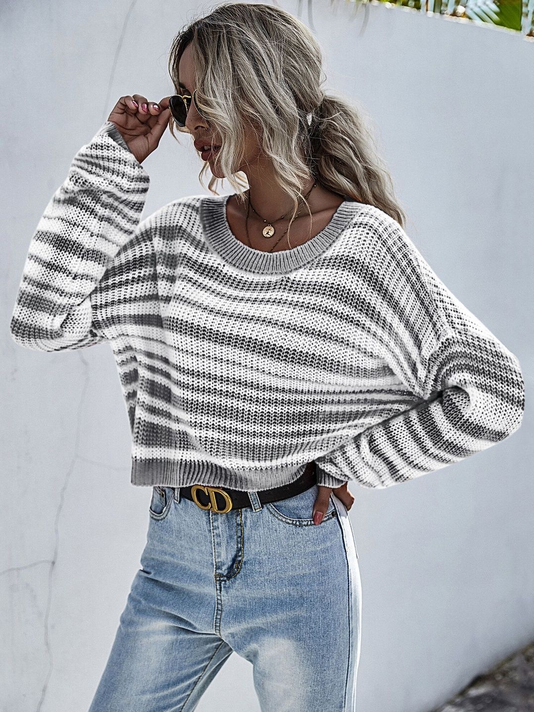 Women's Grey Striped Pullover Blend Regular Fit