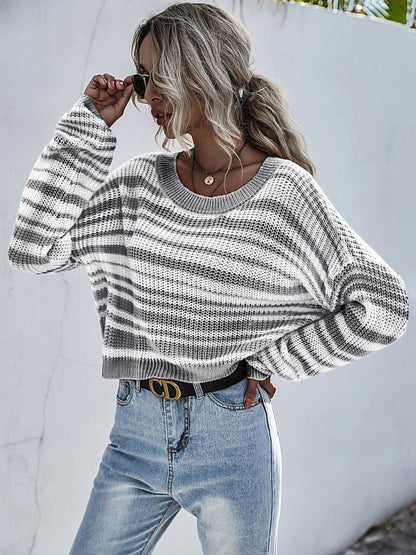 Women's Grey Striped Pullover Blend Regular Fit