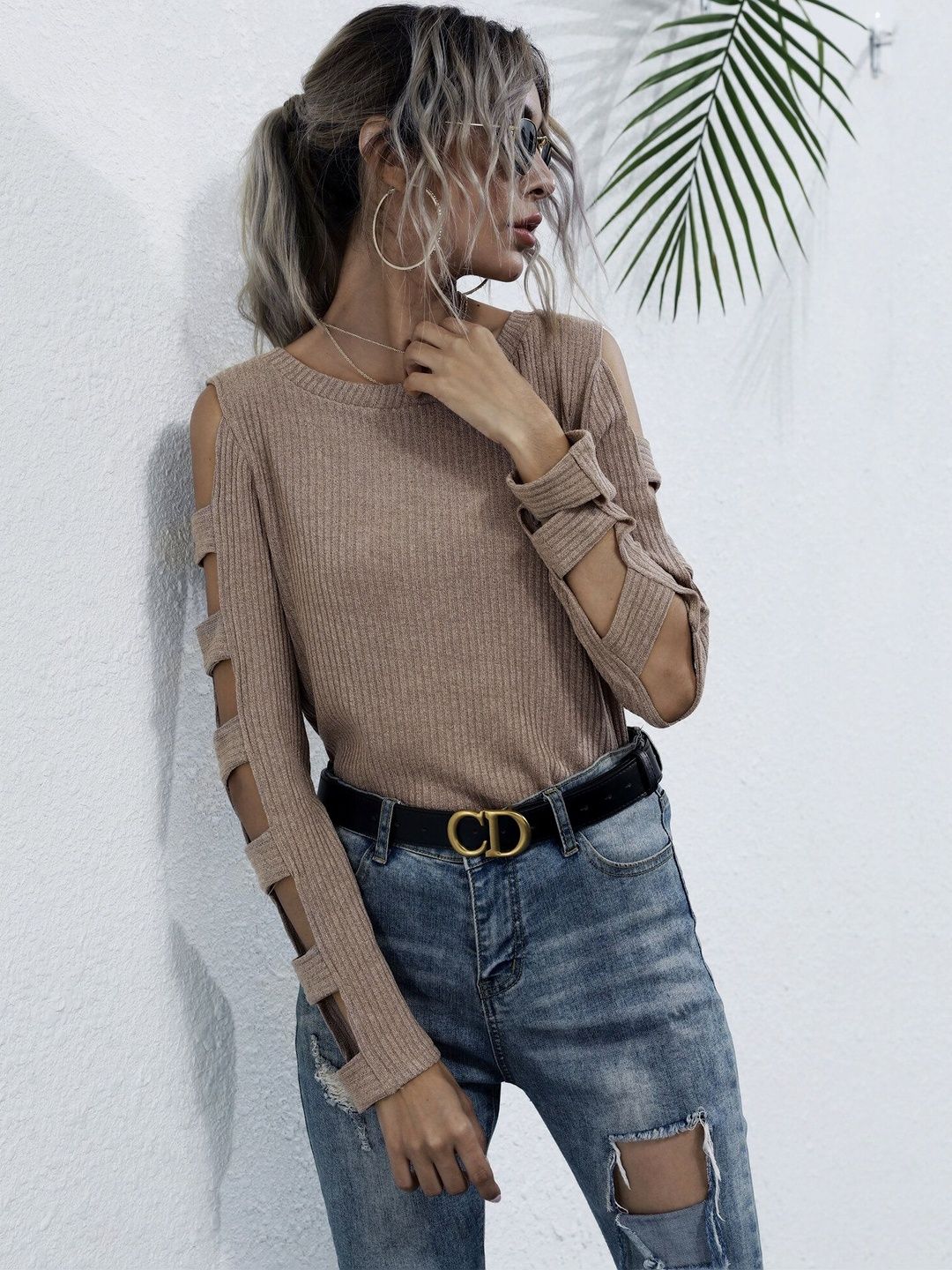 Women's Brown Ribbed Pullover Blend Printed Regular Fit