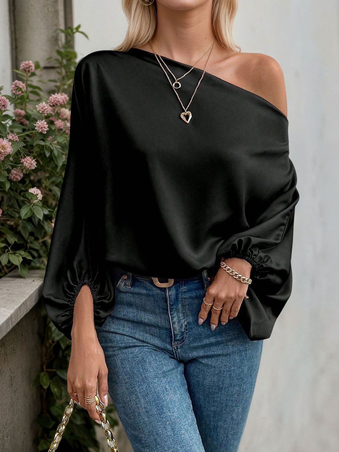 NOWI One Shoulder Bishop Sleeves Satin Top