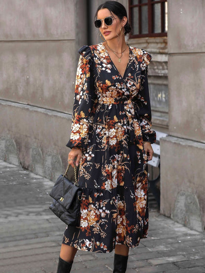 Women's Black Floral Print Puff Sleeve Ruffled Midi Dress