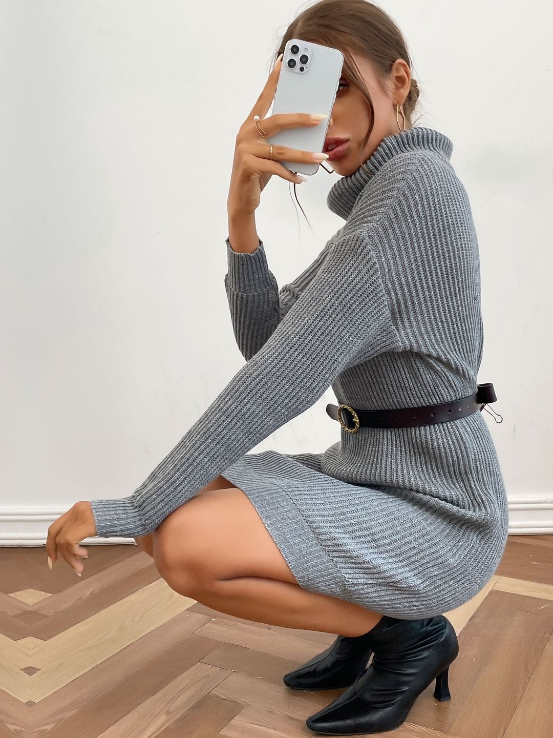 Women's Grey Ribbed Pullover Blend Printed Regular Fit