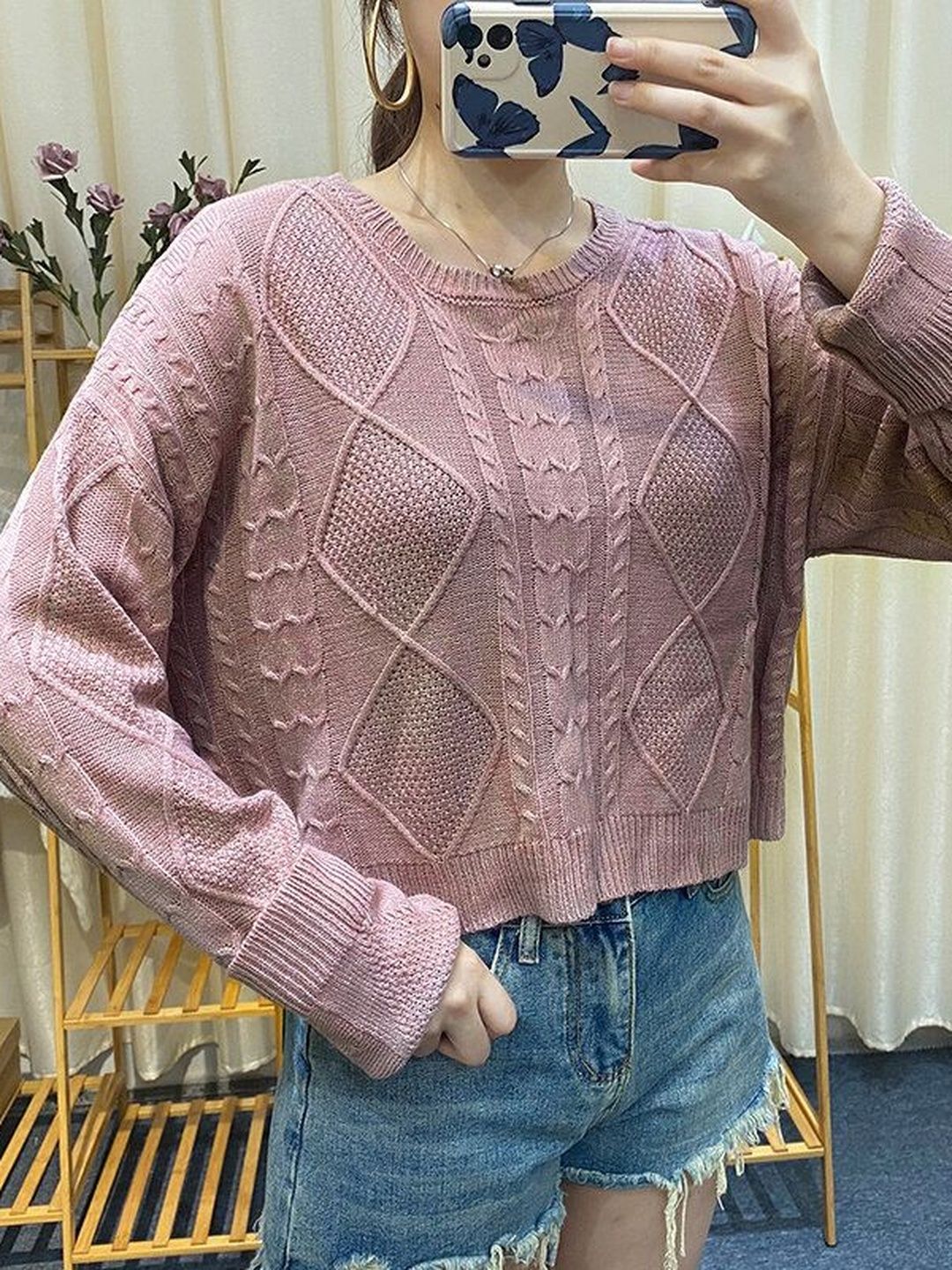 Women's Pink Cable Knit Crop Pullover