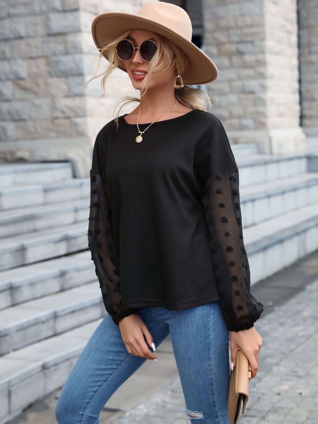Women's Black Ribbed Pullover With Fuzzy Detail