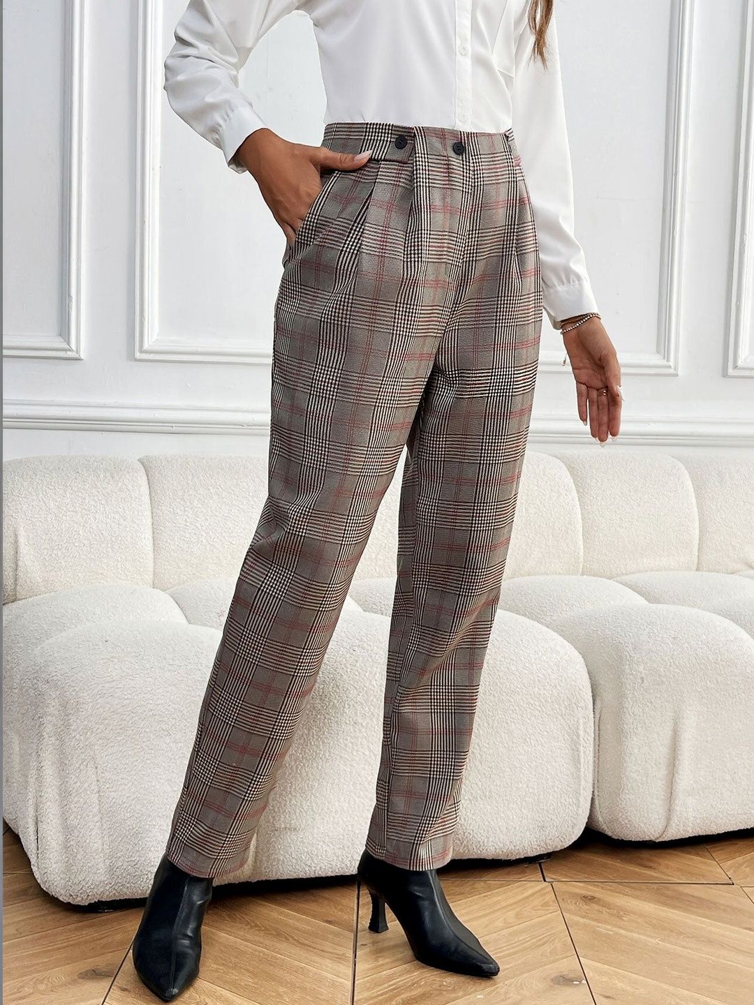 Women Checked High-Rise Pleated Trousers