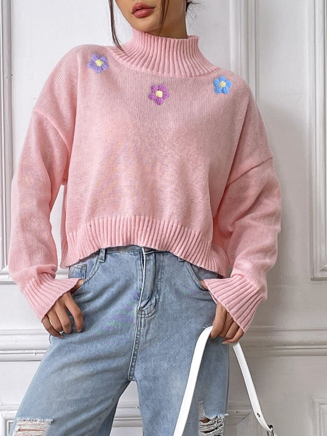 Women Crop Pullover with Embroidered Detail