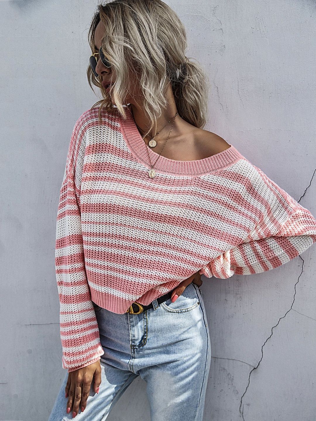 Women's Pink Striped Ribbed Crop Pullover