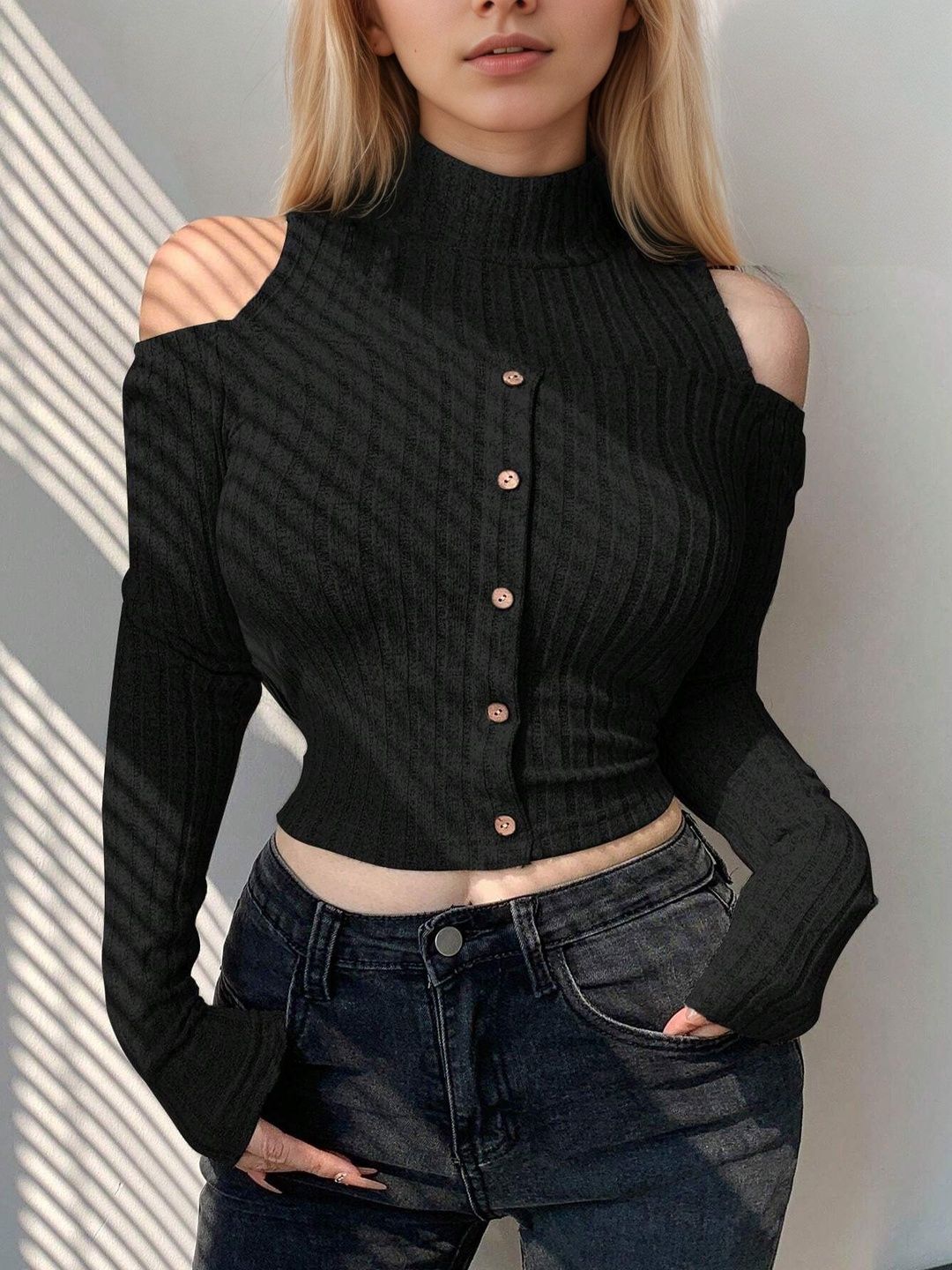 Cold-Shoulder Cotton Crop Top - Nowi Korean Fashion
