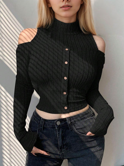 Cold-Shoulder Cotton Crop Top - Nowi Korean Fashion