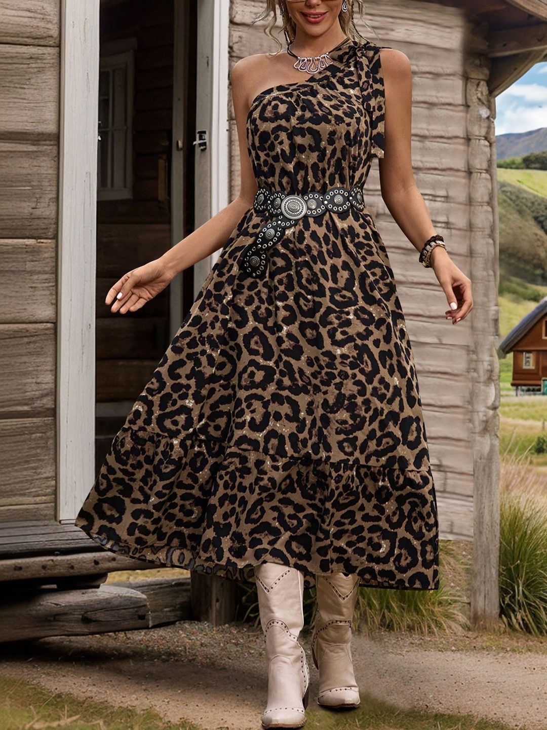 Animal Print A-Line Midi Dress in Brown cotton Printed - Nowi Korean Fashion