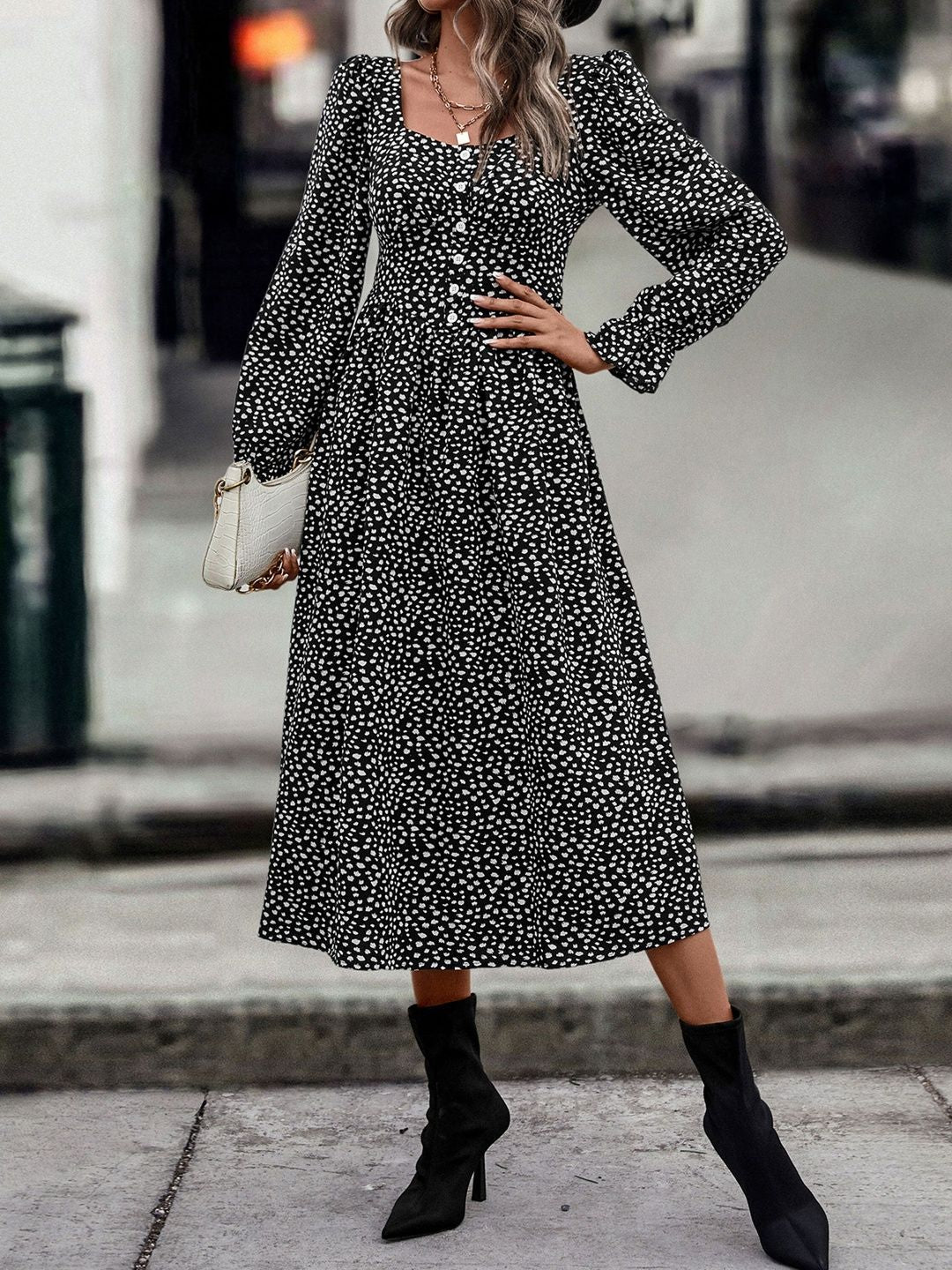 Women's Black Polka Dot Print A-Line Midi Dress