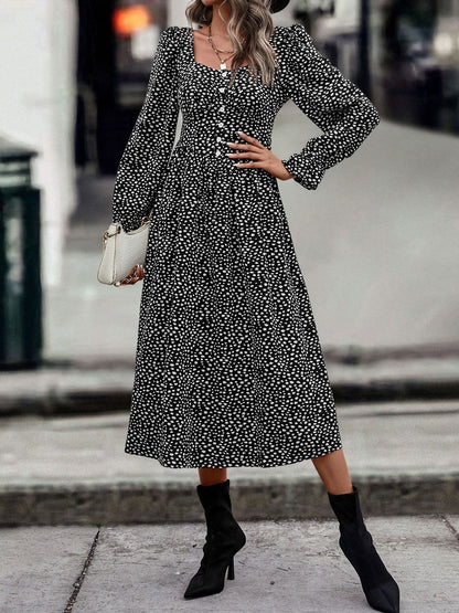 Women's Black Polka Dot Print A-Line Midi Dress
