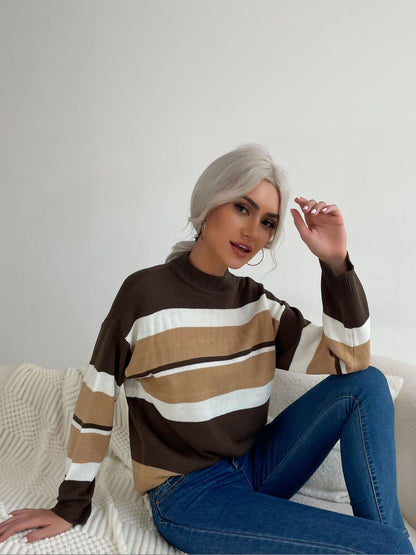 Women's Brown Striped Pullover Blend Regular Fit