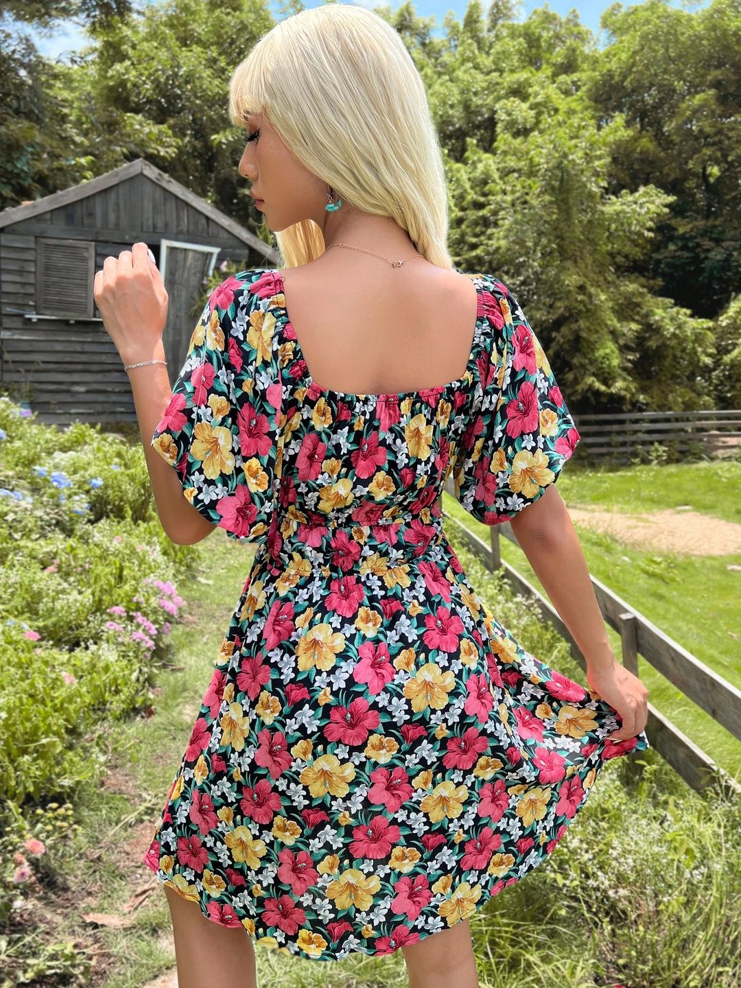 Floral Print Off-Shoulder Puff Sleeve Fit & Flare Dress