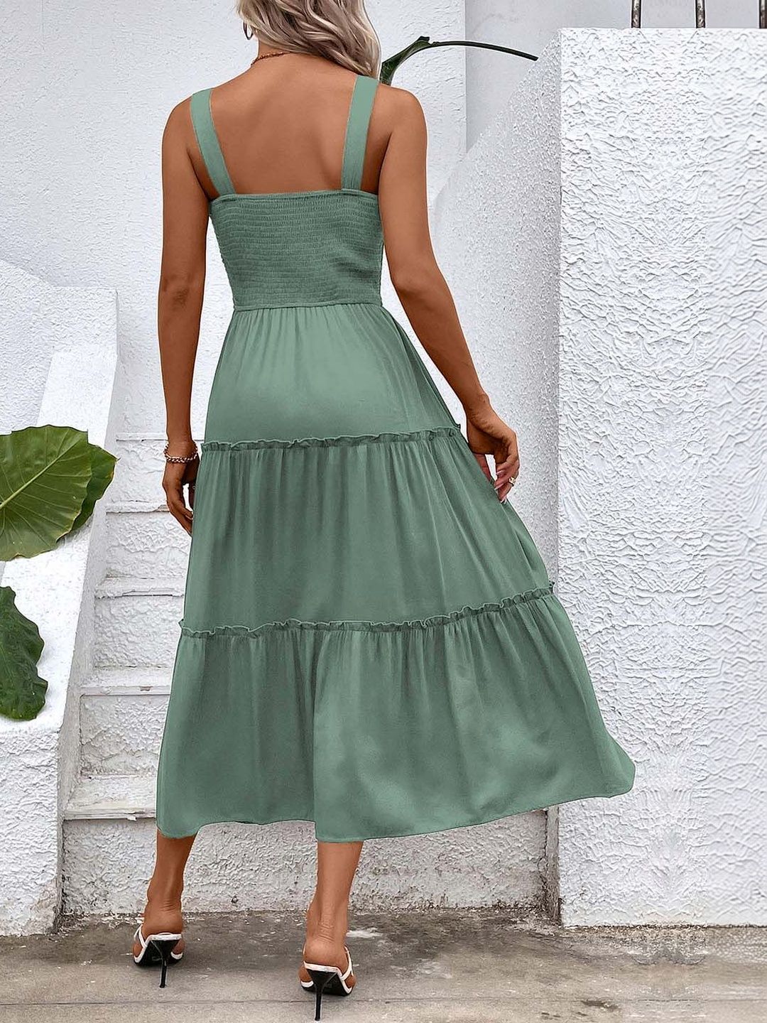 Women's Green Fit & Flare Midi Dress Blend Printed