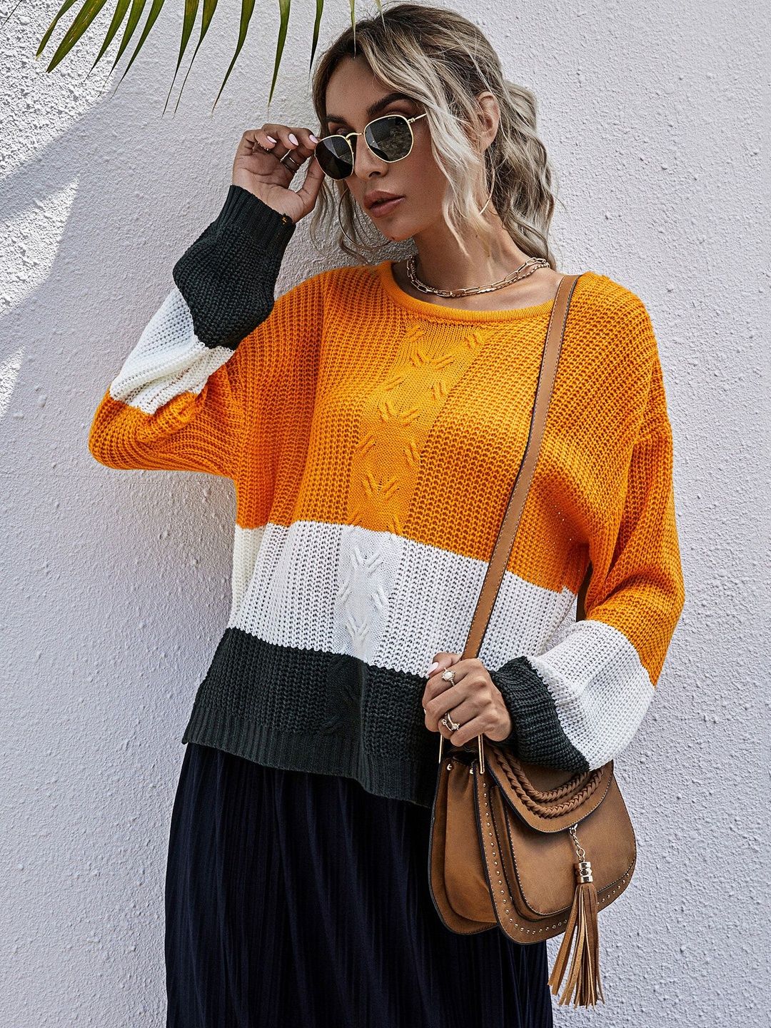 Women's Orange Colourblocked Pullover