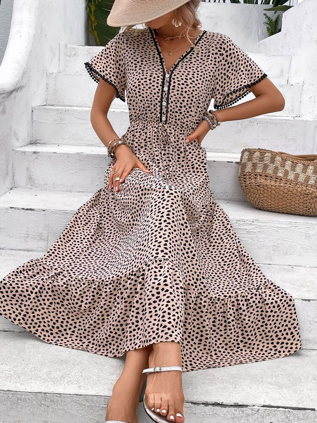Polka Dot Print Ruffled Fit & Flare Midi Dress