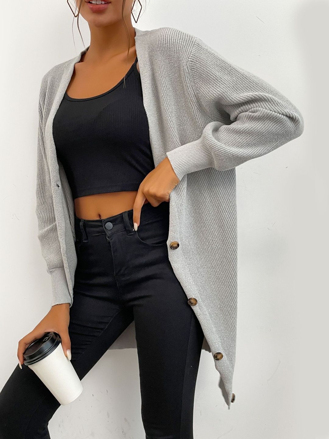 Women's Grey Ribbed Cardigan Blend Printed Regular Fit