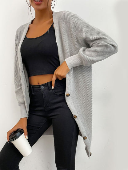 Women's Grey Ribbed Cardigan Blend Printed Regular Fit