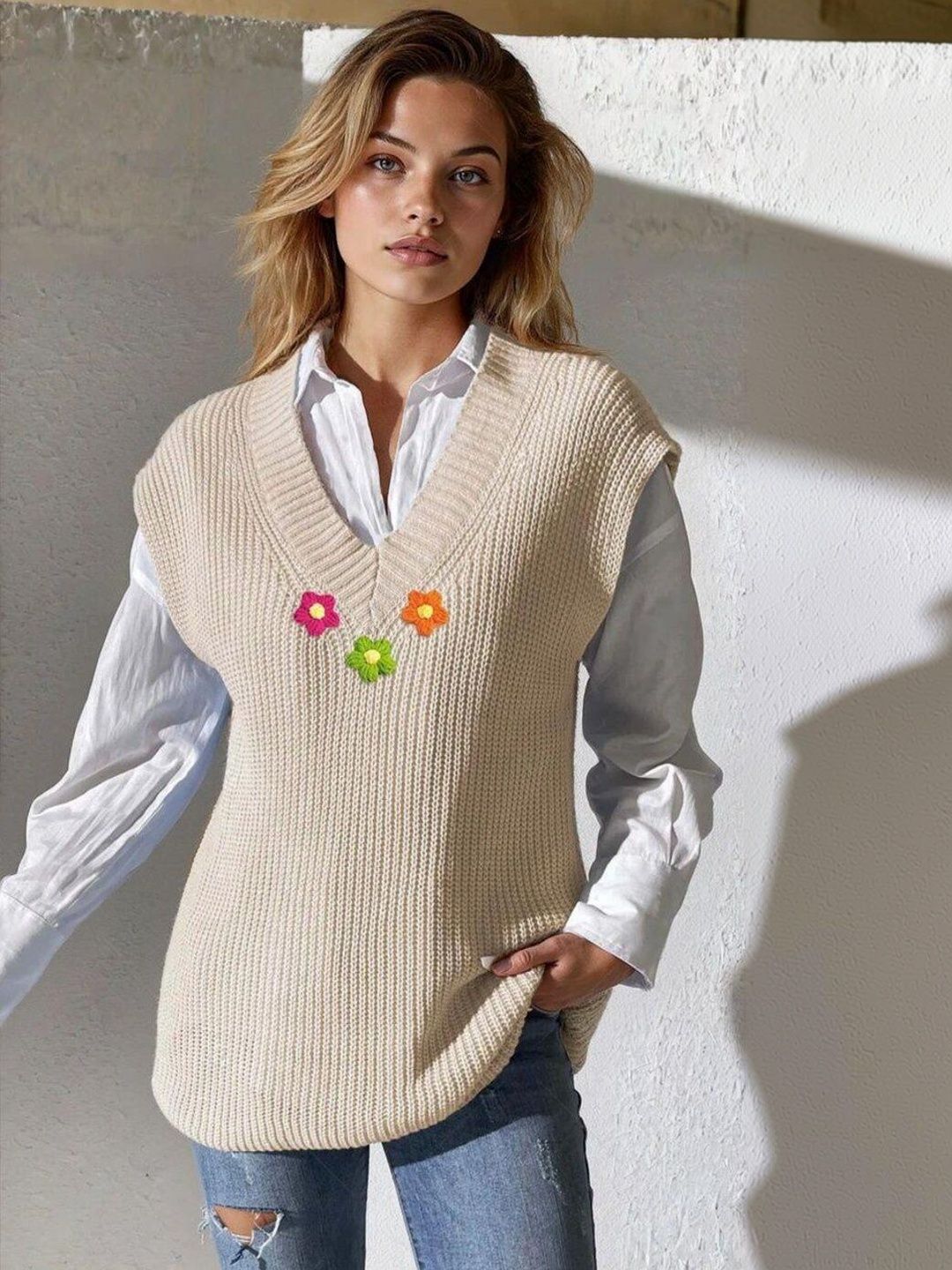 Ribbed Sweater Vest with Applique Detail in Beige acrylic - Nowi Korean Fashion
